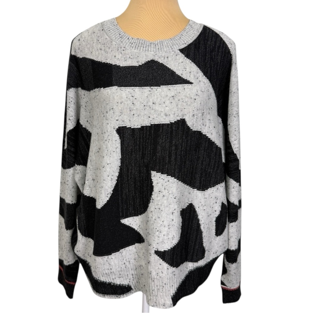 NWT NIC+ZOE Dusk Days Intarsia Sweater L Black Gray Abstract